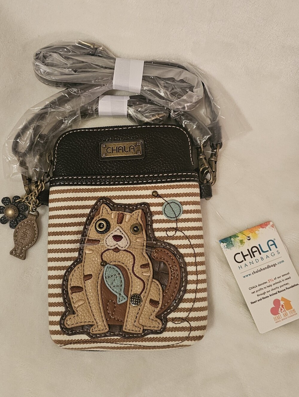 Chala Brown & Cream Cat Applique Crossbody Bag